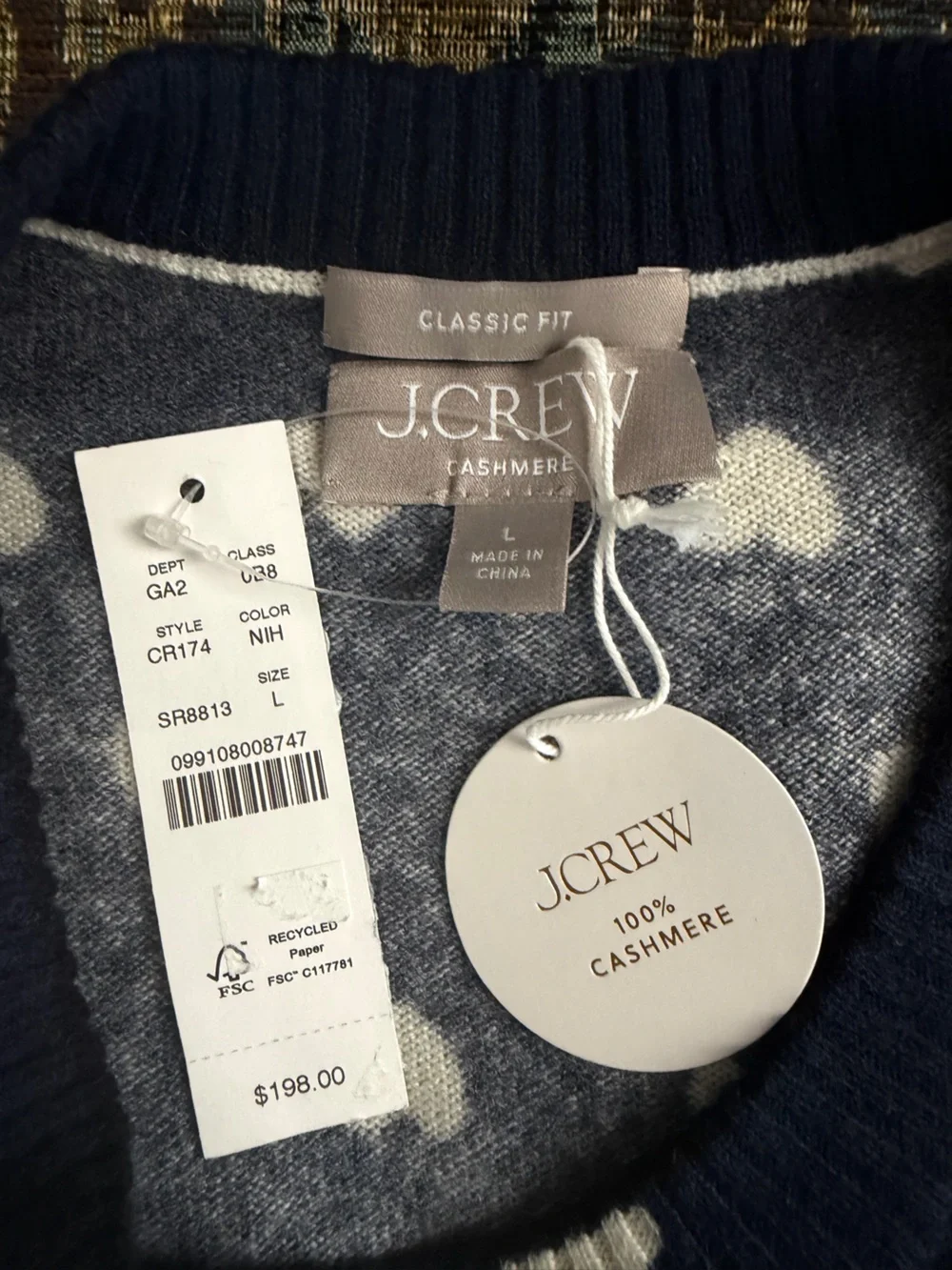 J.Crew 100% Cashmere Heart Print Crewneck Sweater Navy Ivory Large